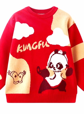 包邮提花熊猫新年服中国红男童装女宝120～160码全棉线针织衫毛衣