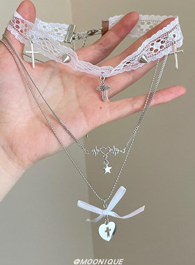 超仙蕾丝爱心十字架吊坠项链颈链女chocker高级感多层锁骨链配饰