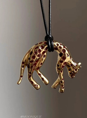 一夜豹富~黑金钱豹吊坠项链女独特时髦老钱风长款毛衣链辣妹配饰