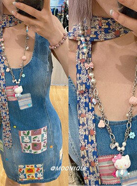 可爱卡通方块Kitty串珠长款项链女少女心爆棚潮流时尚百搭个性款