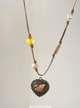 中古vintage豹纹kt小猫爱心项链女2025新款毛衣链童趣可爱卫衣链