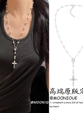 珍珠十字架项链小众Y字链高级感长款毛衣链甜酷辣妹风锁骨链配饰