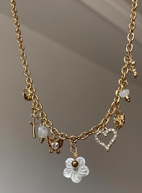 古着vintage白色花朵闪钻爱心流苏项链女复古小众锁骨链百搭颈链