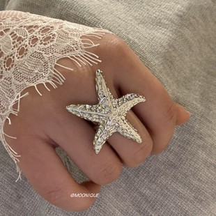 夏日漱石银色夸张海星凹凸设计感可开口几何指环女度假风百搭戒指