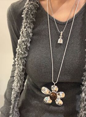 复古质感斑驳花朵银色长款项链女
