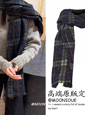 秋冬氛围感复古绿色格纹围巾女新款褶皱感百搭保暖围脖披肩两用