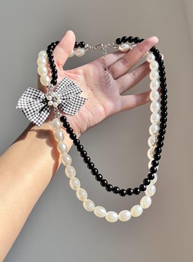 甜美时尚珍珠蝴蝶结串珠项链小香风高级感双层小众百搭锁骨链配饰