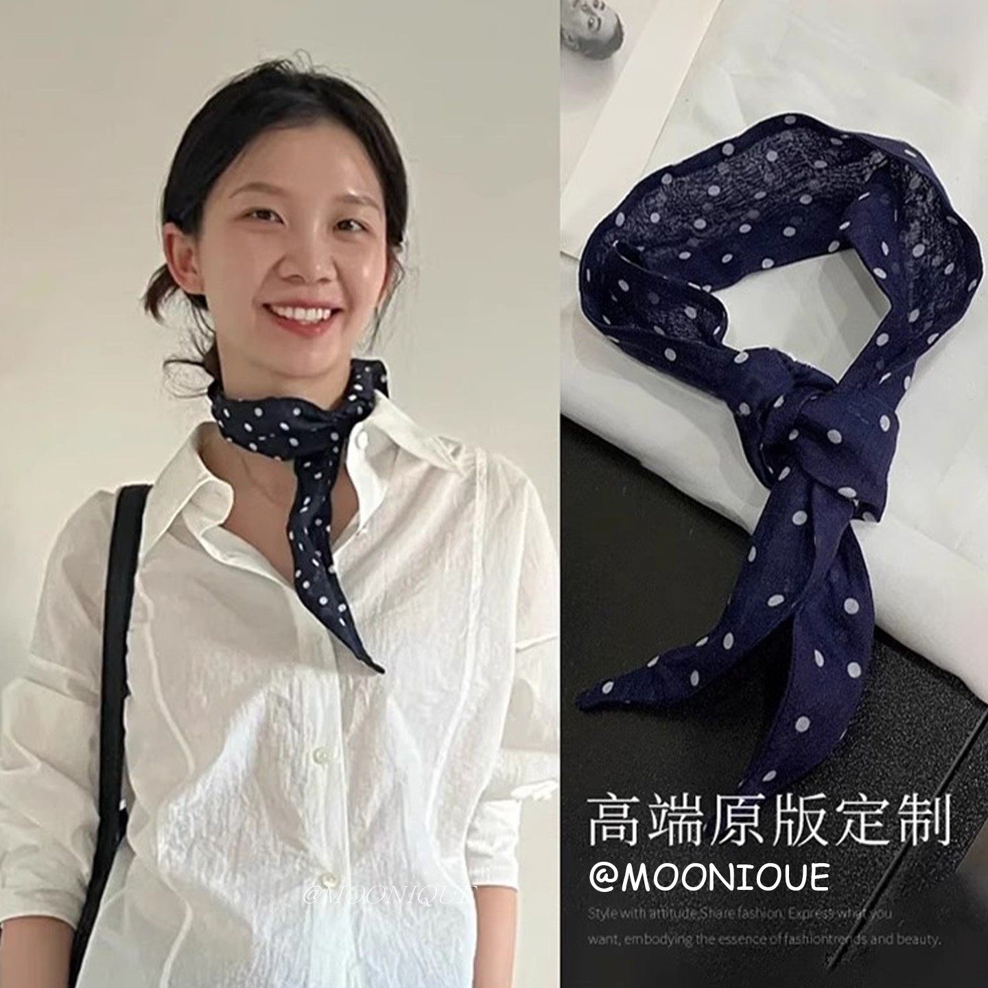 复古文艺~日系藏蓝色亚麻波点丝巾女小清新森系百搭三角巾小方巾