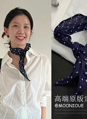 复古文艺~日系藏蓝色亚麻波点丝巾女小清新森系百搭三角巾小方巾