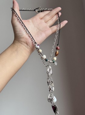 复古民族风多层链条串珠爱心吊坠项链女小众设计Y型流苏锁骨链潮