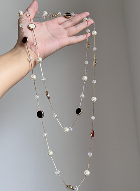 老钱风~中古叠戴双层金属珍珠项链女复古高级感长锁骨链颈部配饰