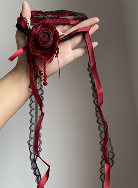 暗黑风酒红色玫瑰花蕾丝花边项链甜酷哥特风choker锁骨链颈链配饰