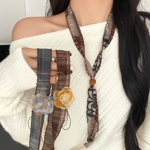 复古腰果花丝巾项链女早秋氛围感长款可抽拉毛衣链时尚美拉德配饰