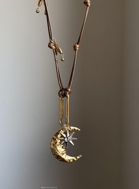 金属风~vintage金色月亮八芒星吊坠项链女中古小众独特毛衣链配饰