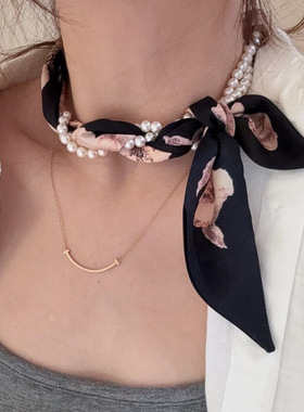 韩系珍珠碎花丝巾飘带项链女