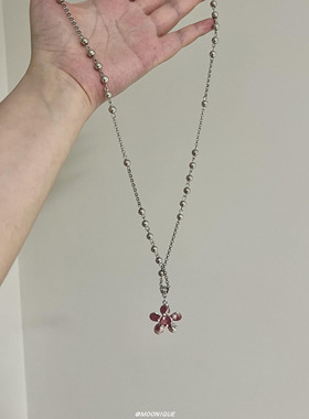 韩系简约银色花朵吊坠串珠项链女冷淡风小众设计高级感长款毛衣链