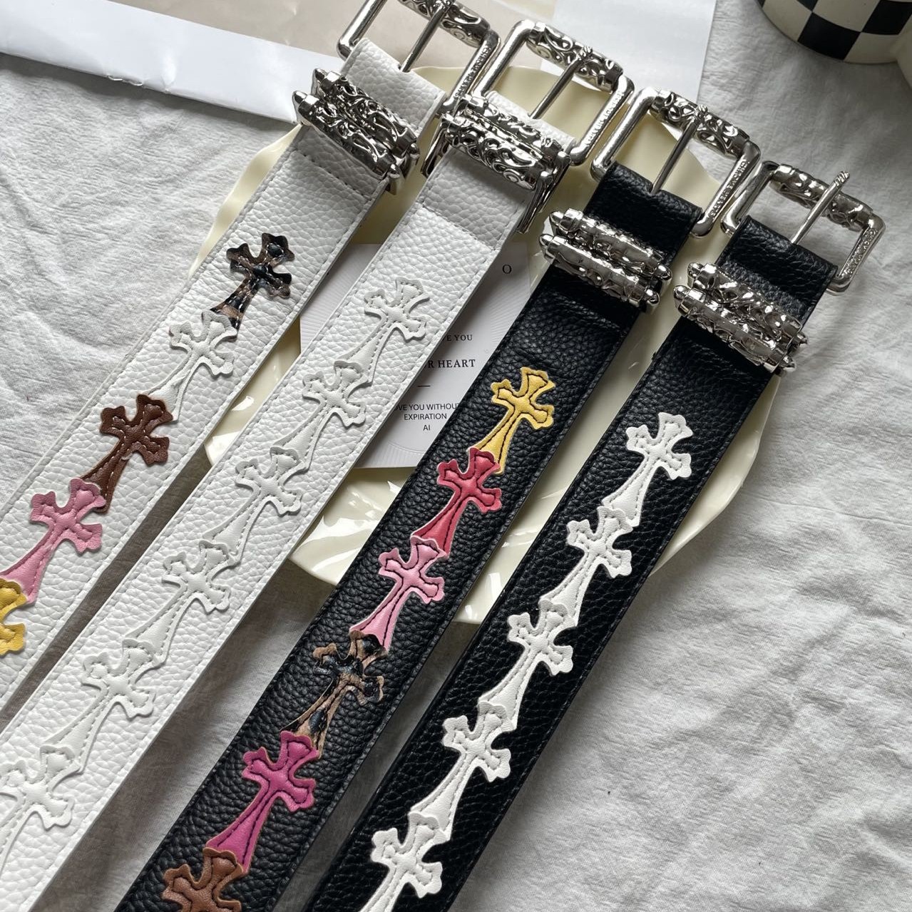 美式CH刺绣彩色十字架藤蔓针扣皮带男女同款小众个性潮流百搭腰带