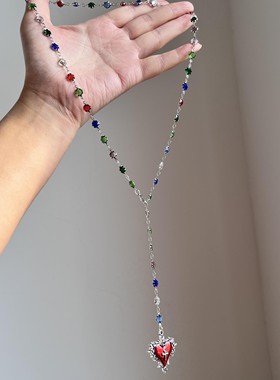 高级感彩色锆石红色爱心吊坠项链女小众设计高级感Y型锁骨链颈链