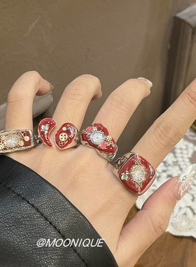 复古红色滴釉珐琅彩滴油戒指女小众设计高级感新年氛围感食指戒子