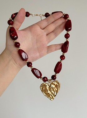 中古vintage复古金色爱心串珠项链新款小众精致高级感锁骨链颈链