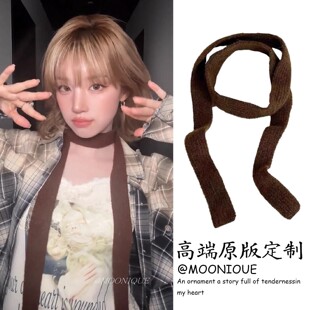 千禧风！宋雨琦同款韩版棕色针织长条窄版围巾时尚复古风叠穿围脖