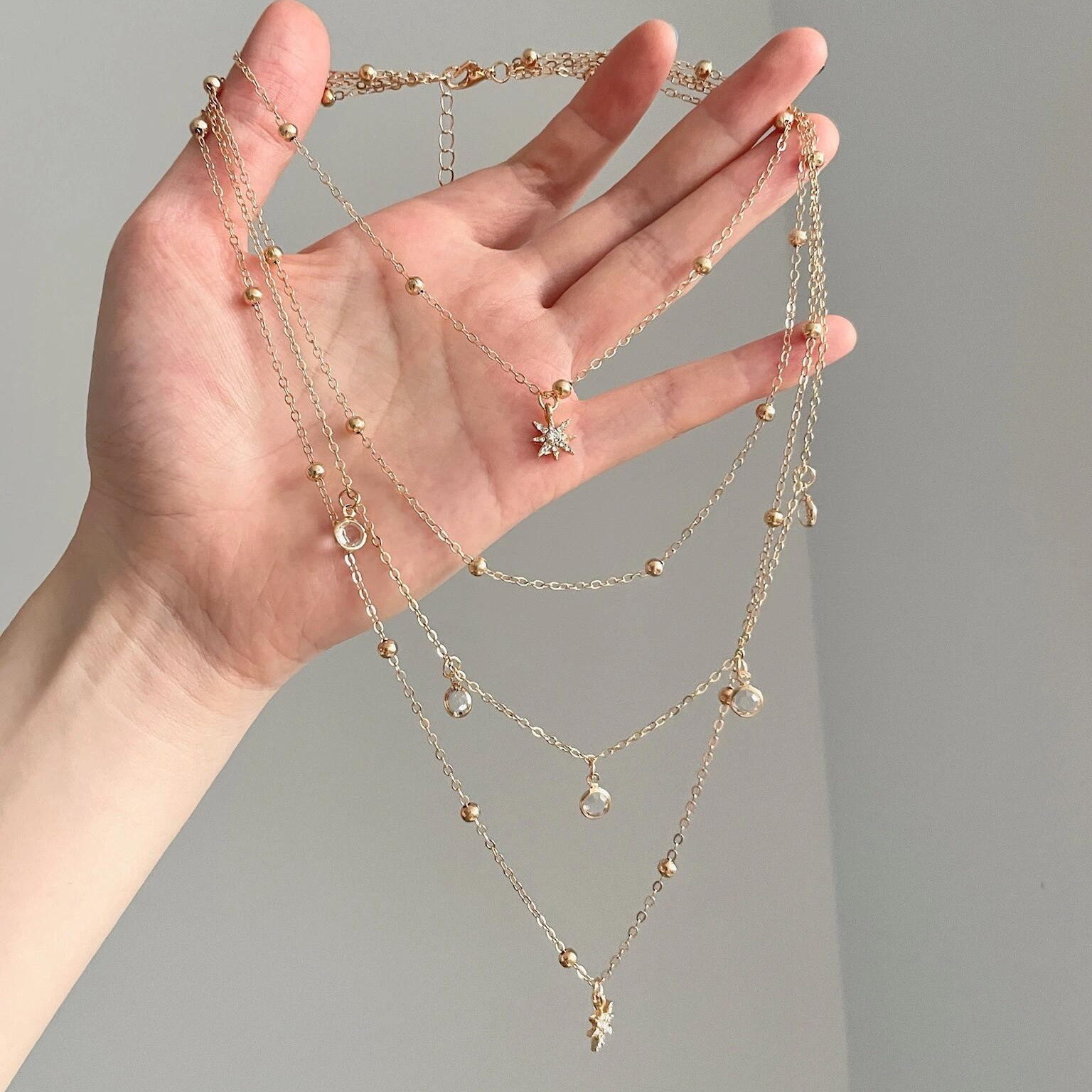 复古多层叠戴六芒星吊坠项链女波西米亚度假风锁骨链中古时尚配饰