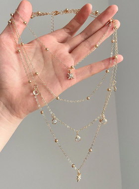 复古多层叠戴六芒星吊坠项链女波西米亚度假风锁骨链中古时尚配饰