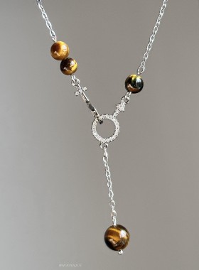 美拉德虎眼石串珠项链女小众设计感镶钻环扣锁骨链轻奢时尚颈链潮