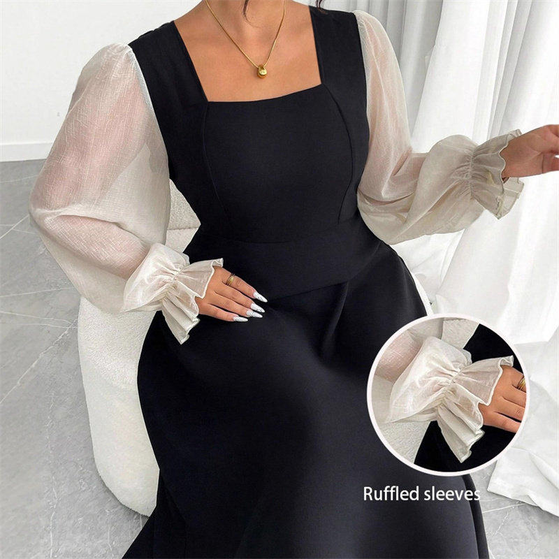 spring autumn new square neck women elegant dress 黑色连衣裙