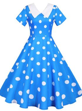 夏新白色娃娃领圆点印花修身显瘦中长版短袖大摆洋装多色 DRESS