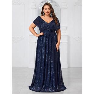 Party 欧美大码 Dress Sequin Size 礼服亮片披肩式 派对晚礼服Plus
