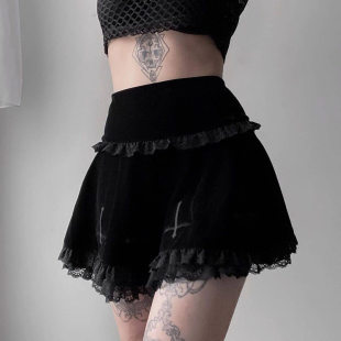 skirt暗黑设计刺绣蕾丝花边绒面半身裙女 suede Embroidered lace