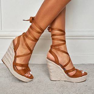 42坡跟大尺码女鞋弹力绑带凉鞋wedge high heels sandals for wom