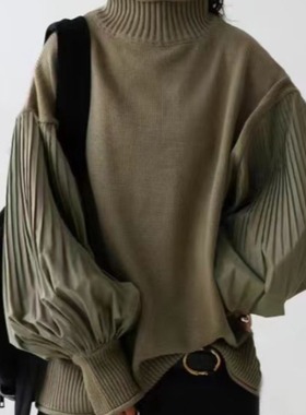 跨境外贸日韩系宽松套头高领拼接压褶袖休闲女上衣针织衫毛衣外套