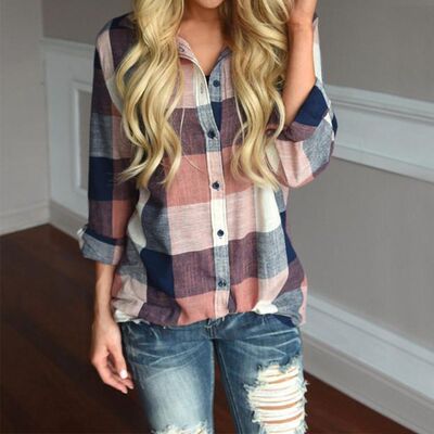 Lapel casual long sleeve plaid print blouse womens top