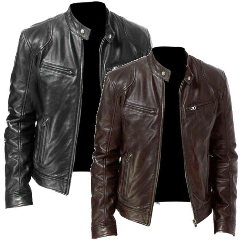 Men s gentleman zipper cardigan leather jacket男士潮牌外套棕