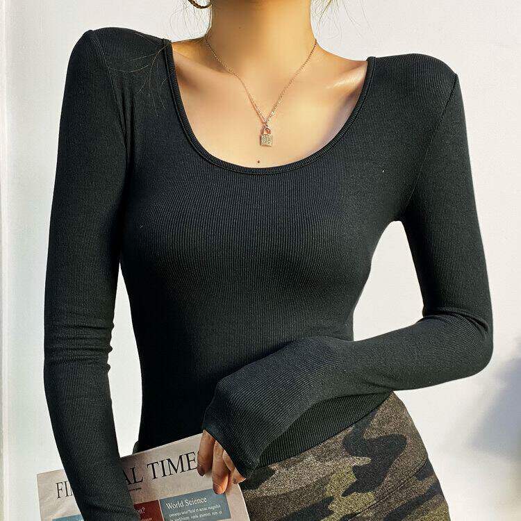 性感低圆领长袖T恤女春秋