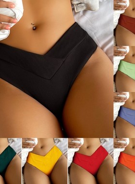 新款欧美性感抽褶比基尼泳裤女沙滩三角游泳裤黑色Bikini bottoms