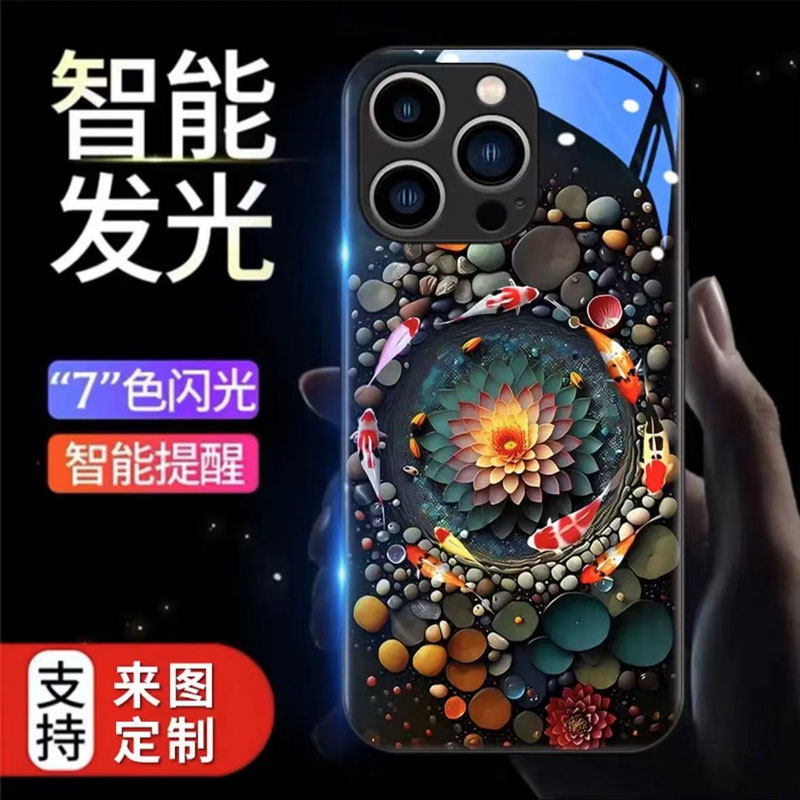 发光好运锦鲤苹果16Promax手机壳来电发光iphone15新款高级感14中国风Pro玻璃13智能声控闪灯12莲花奢华小众