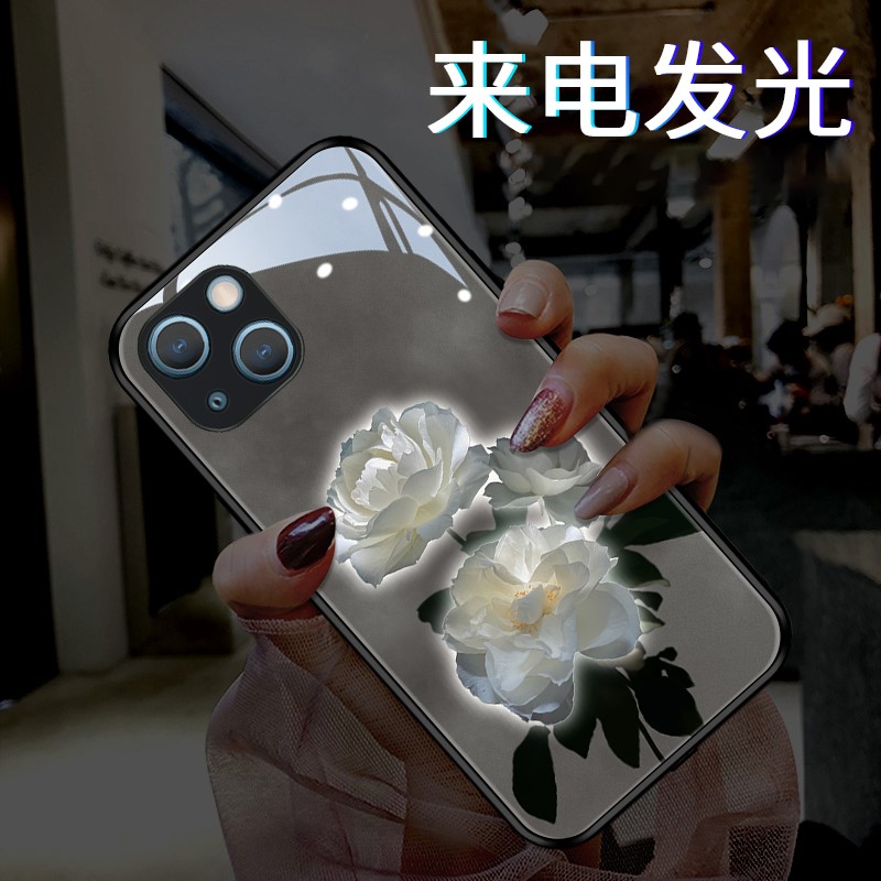 雾霾山茶花适用于苹果iPhone16promax手机壳15pro新款14女款xr情侣xsmax网红玻璃保护套声控来电发光复古7p8p