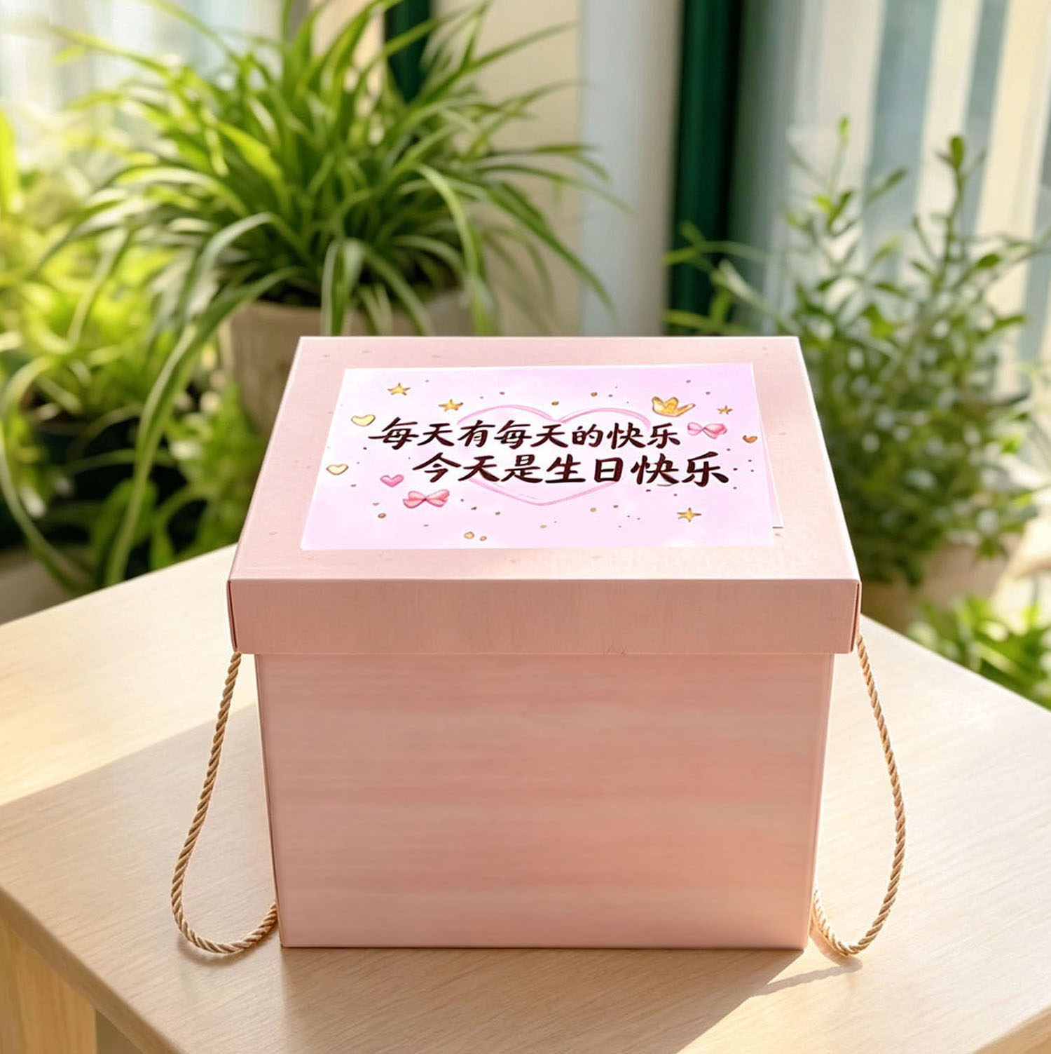 粉色方形纸盒礼品盒手提绳装饰生日礼物包装盒节日礼物盒子新款