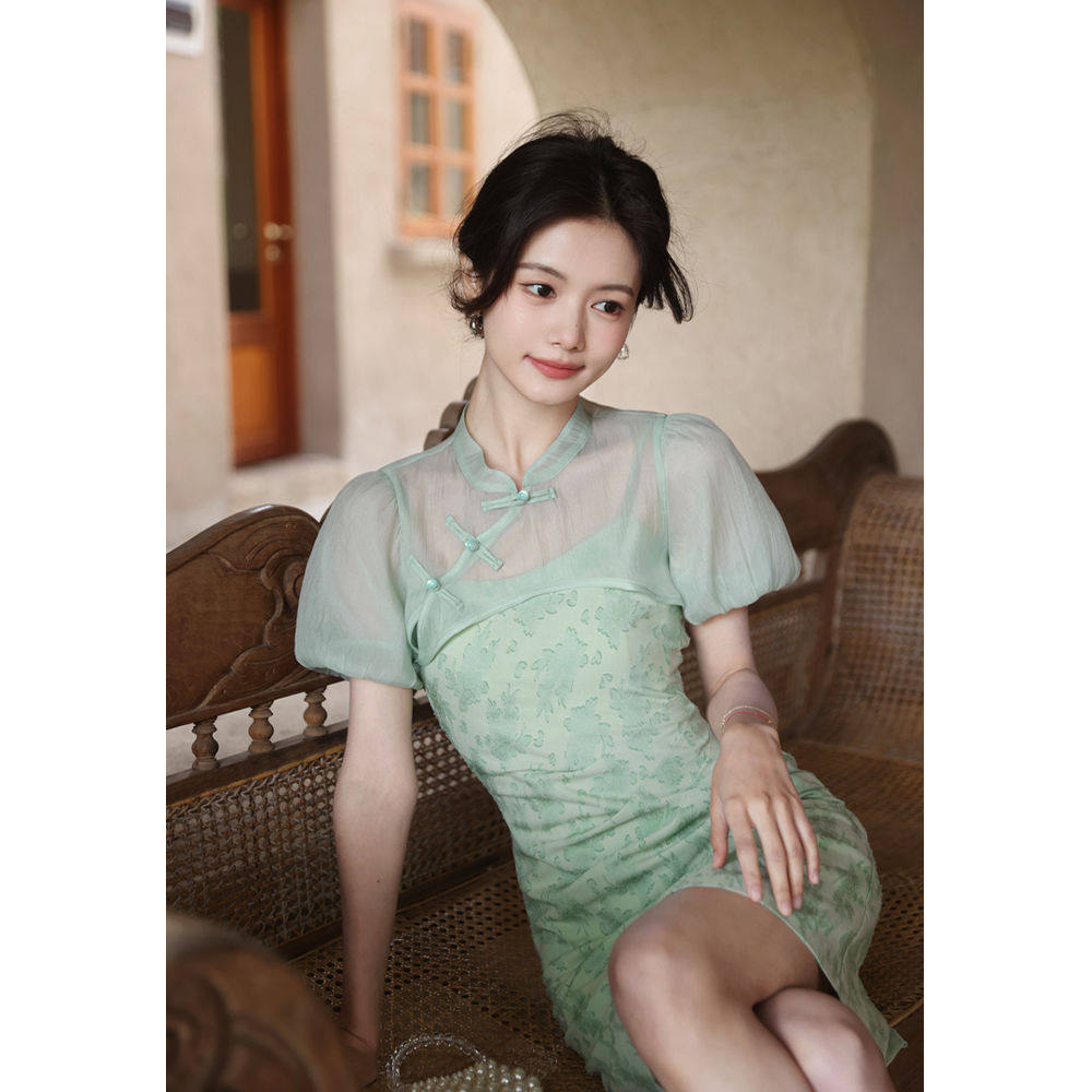 【清平乐】剪花短款罩衫+吊带裙新中式改良旗袍风温柔淑女两件套