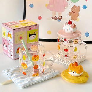 生日礼物可爱女生高颜值小猫玻璃杯带盖带勺家用大容量喝水卡通
