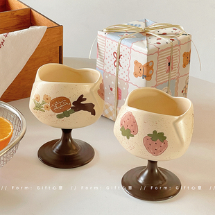 复古涂鸦图案陶瓷杯创意高脚甜品果汁杯高颜值水杯生日礼物女生