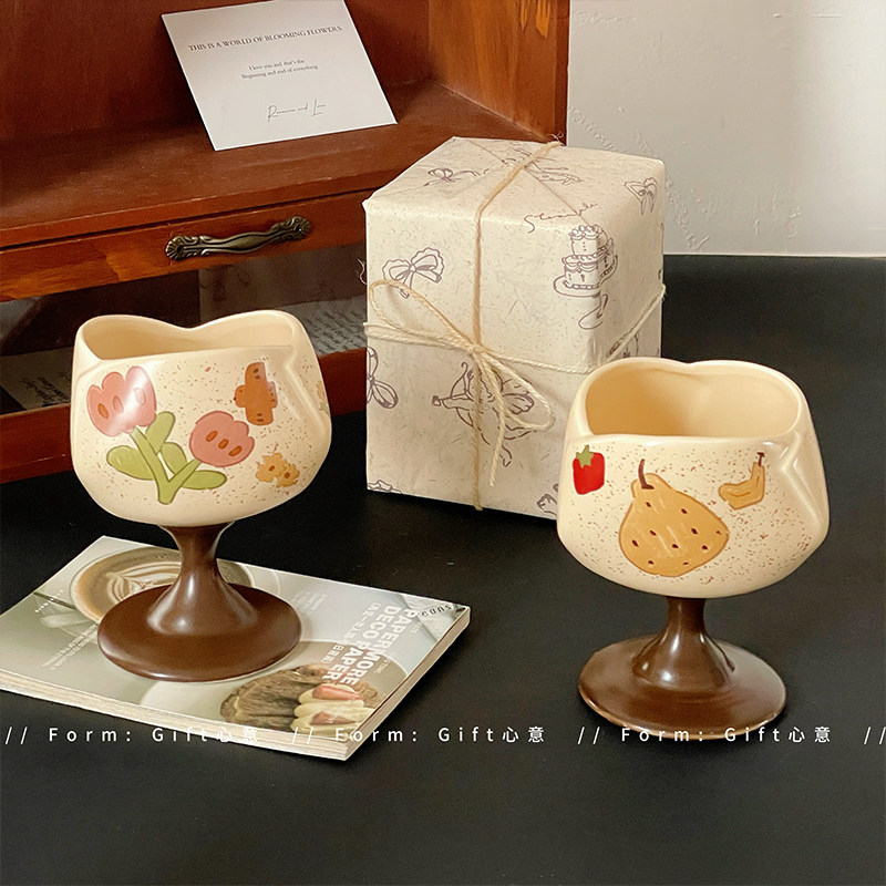 复古涂鸦图案陶瓷杯创意高脚甜品果汁杯高颜值水杯生日礼物女,餐饮具,马克杯,淘宝优惠券,粉丝福利购,淘宝优惠卷