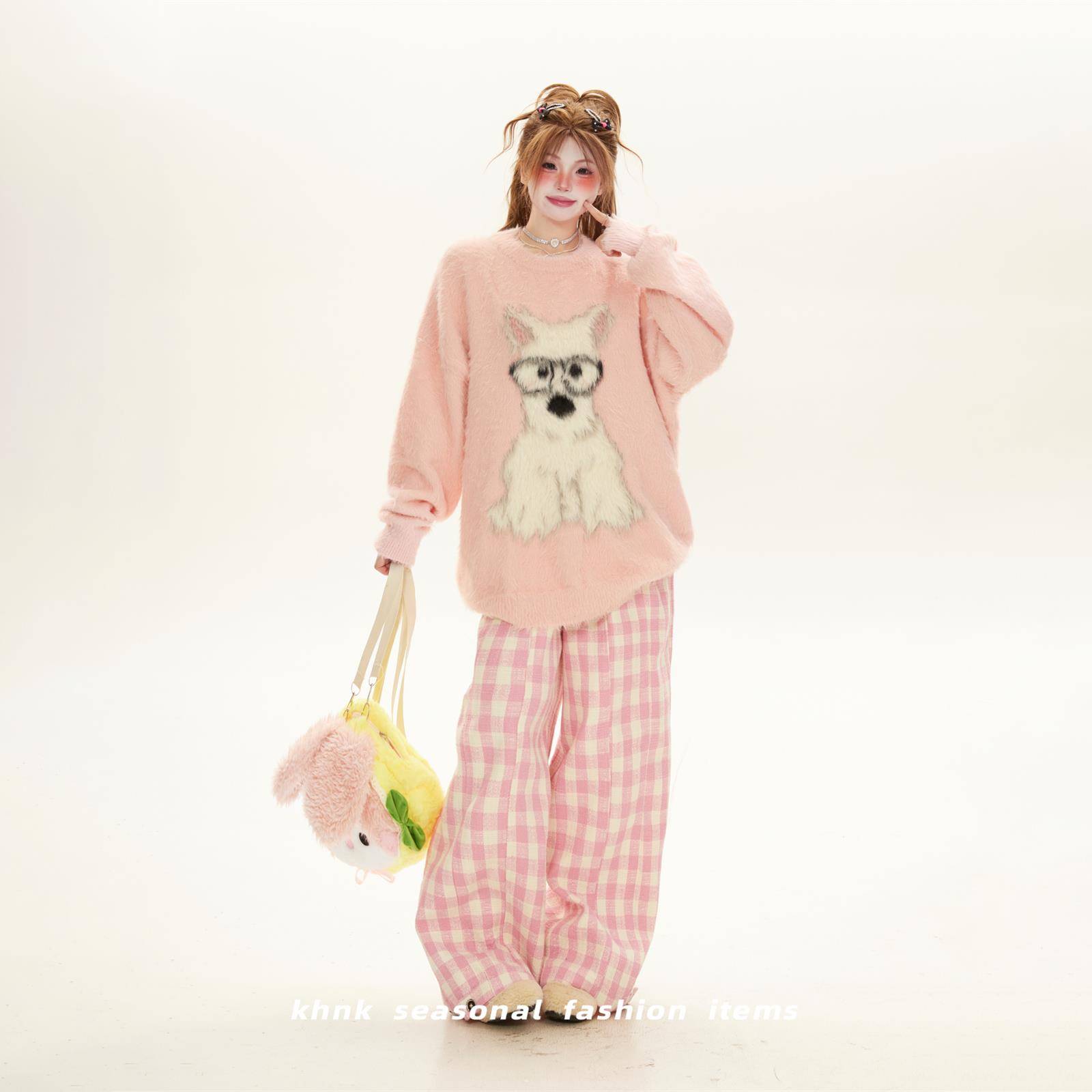 高级感超好看奶fufu软糯粉色毛衣女秋冬慵懒风可爱小狗针织衫上衣