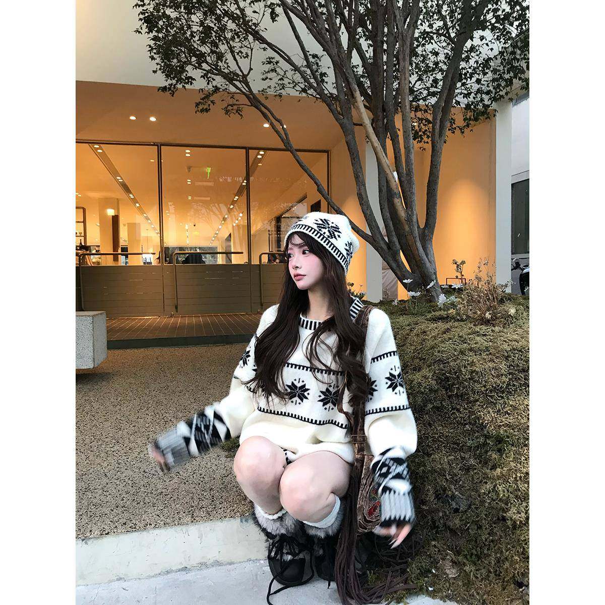 七颗虾滑费尔岛毛衣2025秋冬女中长款宽松针织衫慵懒内搭长袖上衣