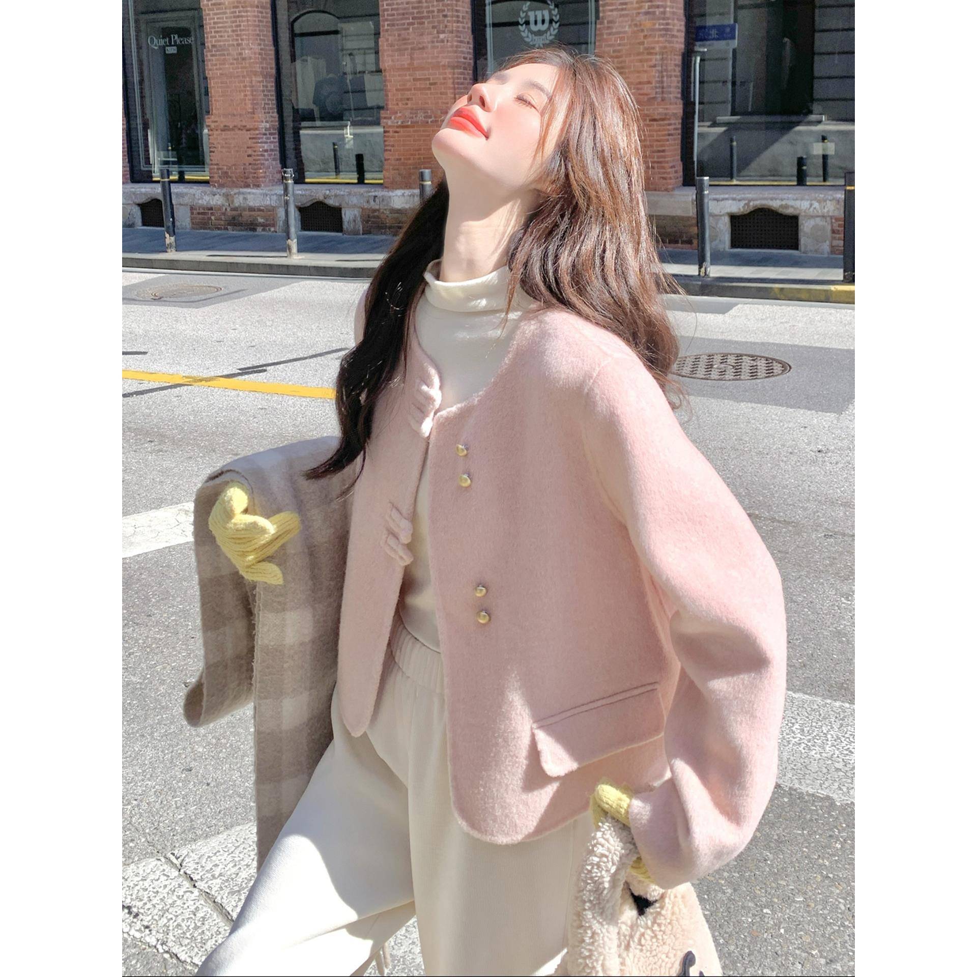 粉色小香风甜美双面呢羊毛外套女2025秋冬季新款时尚气质显瘦上衣