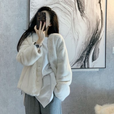 小V领短款仿皮草小个子外套女