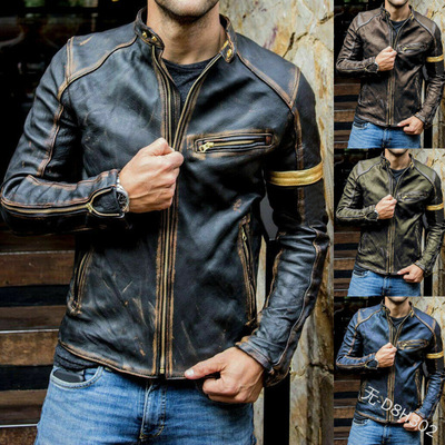Men leather jacket men jackets coat男复古漆皮皮衣拉链衫外套
